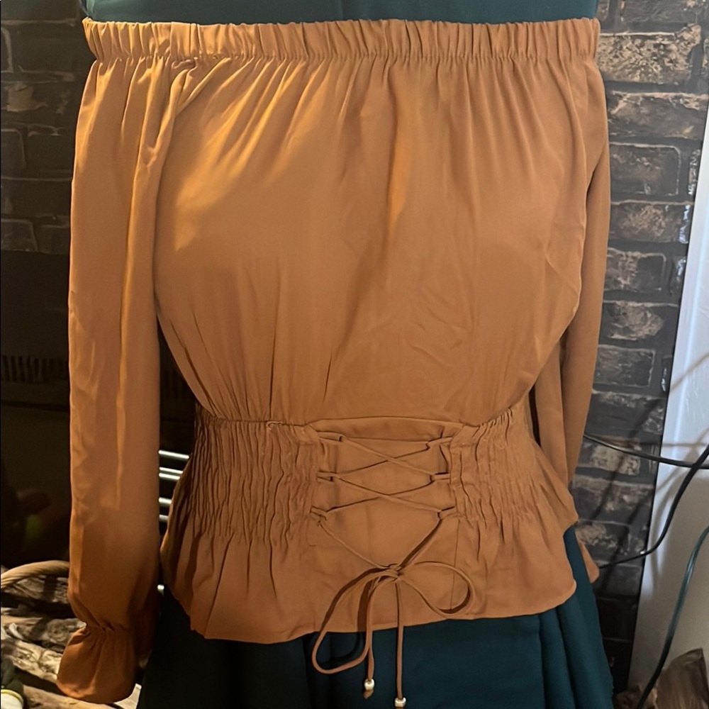 Off-Shoulder Lace-Up Blouse in Tan